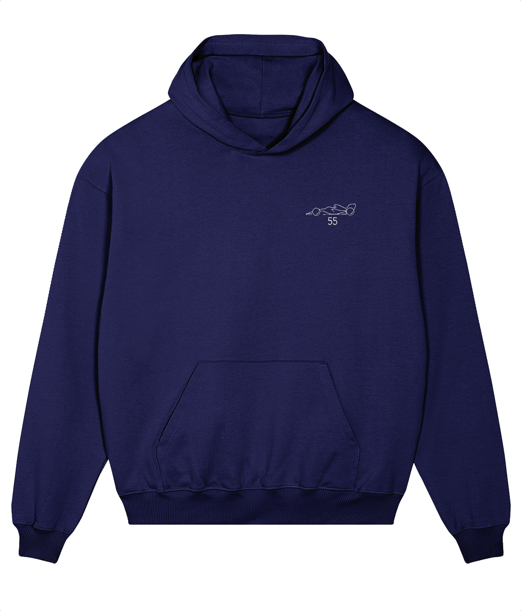Celebrate a modern F1 hero. This oversized premium hoodie pays tribute to Carlos Sainz, featuring a minimalist embroidered F1 car and his iconic new #55 race number.
Premium Quality & Craftsmanship Made from 100% certified organic cotton (400 gsm), this offers superior comfort and style with oversized fit. The precise embroidery delivers exceptional durability that outlasts typical printed alternatives.