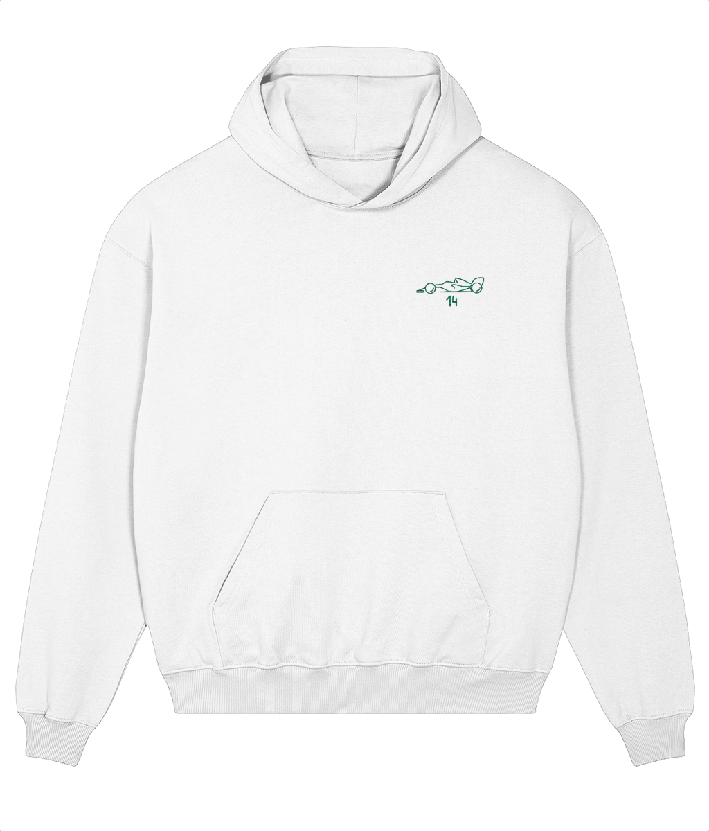 Celebrate a modern F1 hero. This oversized premium hoodie pays tribute to Fernando Alonso, featuring a minimalist embroidered F1 car and his iconic new #14 race number.
Premium Quality & Craftsmanship Made from 100% certified organic cotton (400 gsm), this offers superior comfort and style with oversized fit. The precise embroidery delivers exceptional durability that outlasts typical printed alternatives.
