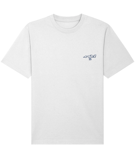 Celebrate a modern F1 hero. This oversized t-shirt pays tribute to Carlos Sainz, featuring a minimalist embroidered F1 car and his iconic&nbsp;#55 race number.

Premium Quality &amp; Craftsmanship Made from 100% certified organic cotton (240 gsm), this offers superior comfort with relaxed fit. The precise center embroidery delivers exceptional durability that outlasts typical printed alternatives.