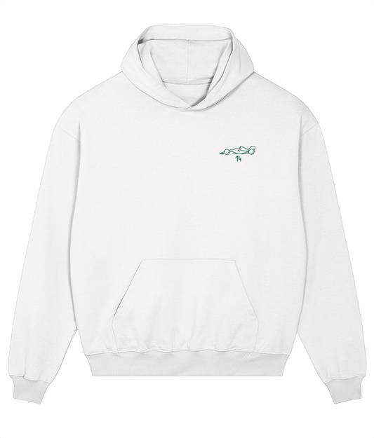 Celebrate a modern F1 hero. This oversized premium hoodie pays tribute to Fernando Alonso, featuring a minimalist embroidered F1 car and his iconic new #14 race number.

Premium Quality &amp; Craftsmanship Made from 100% certified organic cotton (400 gsm), this offers superior comfort and style with oversized fit. The precise embroidery delivers exceptional durability that outlasts typical printed alternatives.