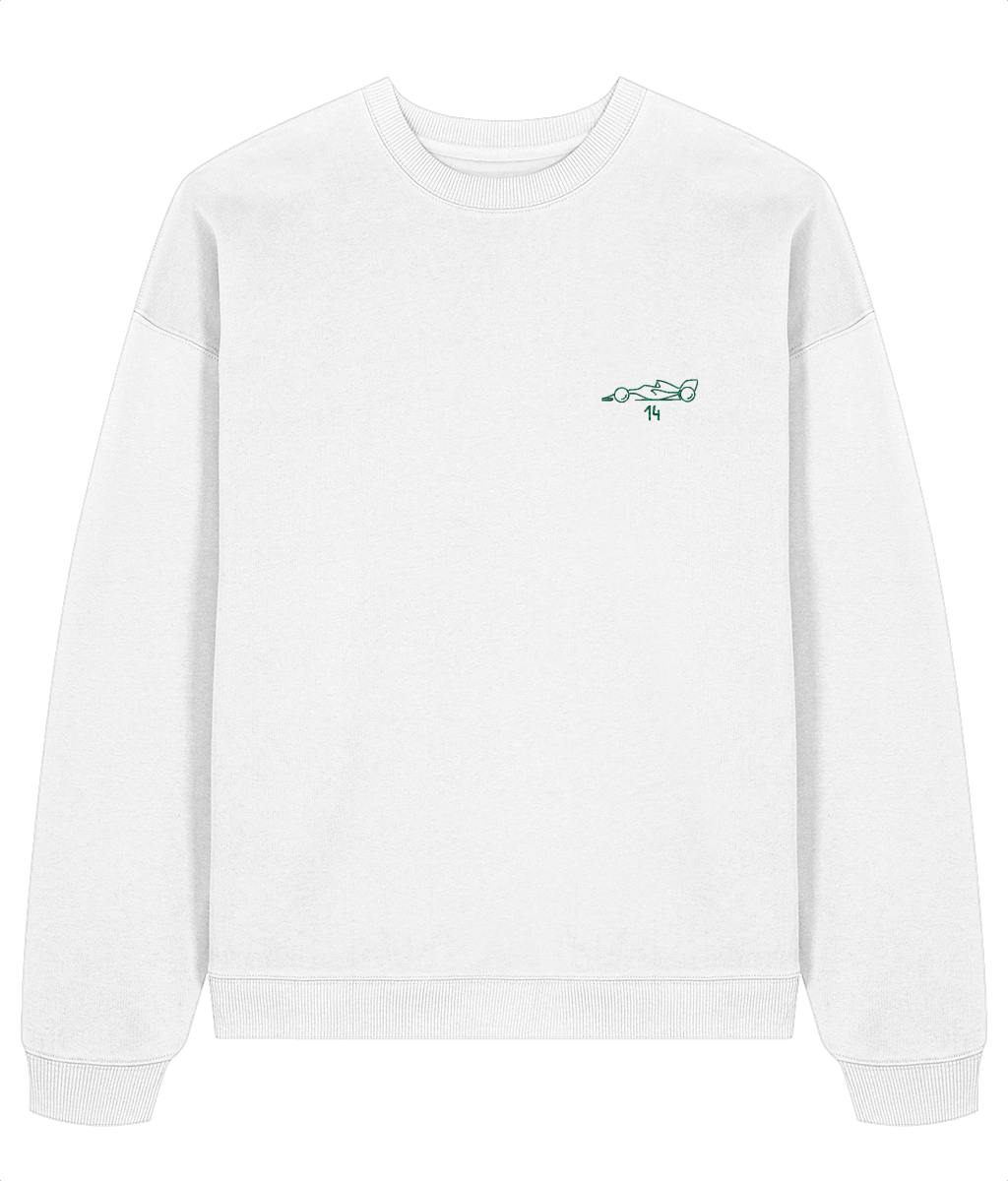 Celebrate a modern F1 hero. This oversized premium organic cotton sweatshirt pays tribute to Fernando Alonso, featuring a minimalist embroidered F1 car and his iconic #14&nbsp;race number.&nbsp;

Premium Quality &amp; Craftsmanship Made from 100% certified organic cotton (350 gsm), this offers superior comfort and style with oversized fit. The precise embroidery delivers exceptional durability that outlasts typical printed alternatives.