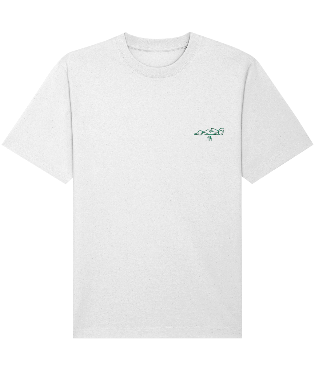 Celebrate a modern F1 hero. This oversized t-shirt pays tribute to Fernando Alonso, featuring a minimalist embroidered F1 car and his iconic&nbsp;#14&nbsp;race number.

Premium Quality &amp; Craftsmanship Made from 100% certified organic cotton (240 gsm), this offers superior comfort with relaxed fit. The precise center embroidery delivers exceptional durability that outlasts typical printed alternatives.
