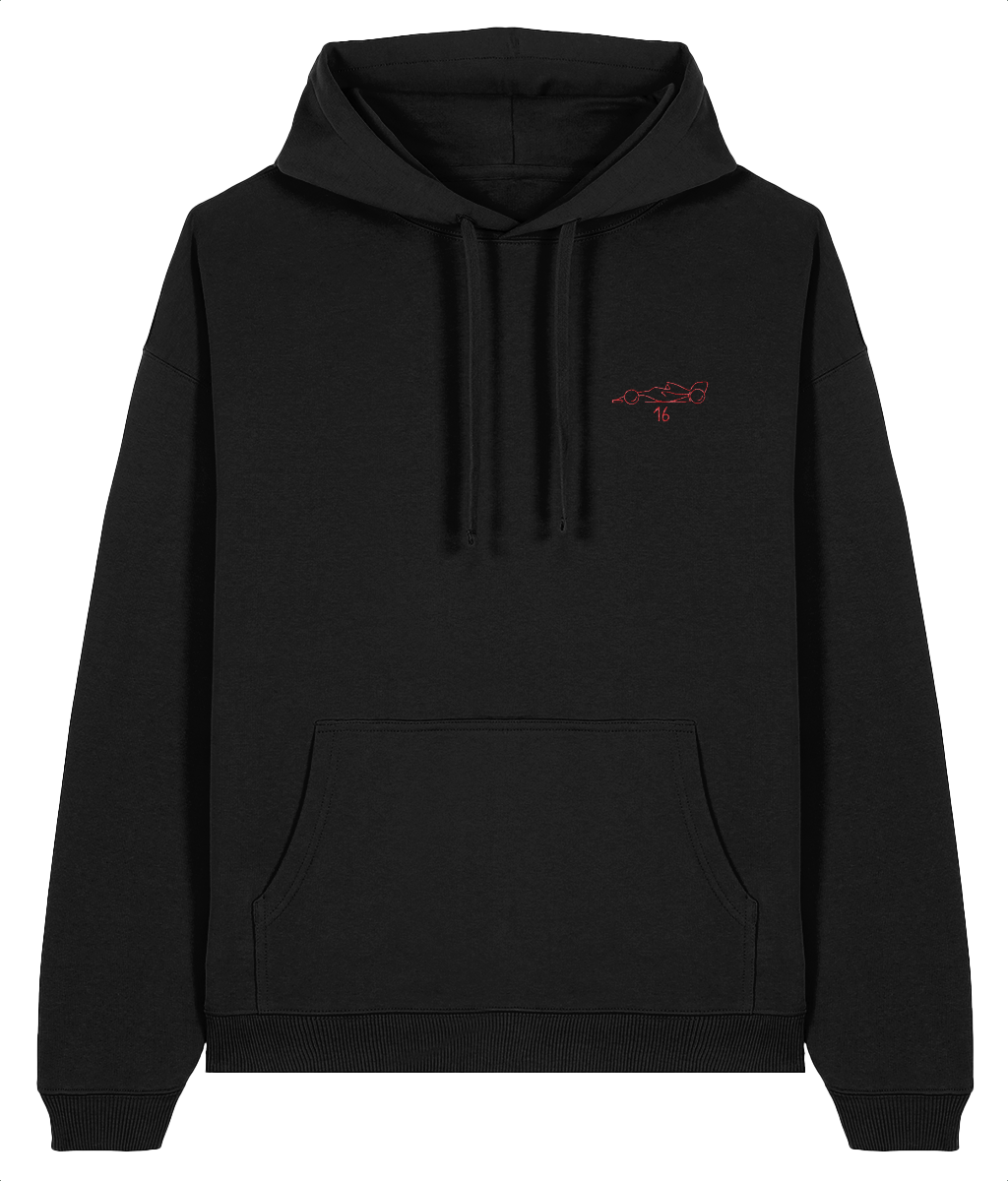 Celebrate a modern F1 hero. This oversized premium hoodie pays tribute to Charles Leclerc, featuring a minimalist embroidered F1 car and his iconic new #16 race number.

Premium Quality &amp; Craftsmanship Made from 100% certified organic cotton (350 gsm), this offers superior comfort and style with oversized fit. The precise embroidery delivers exceptional durability that outlasts typical printed alternatives.