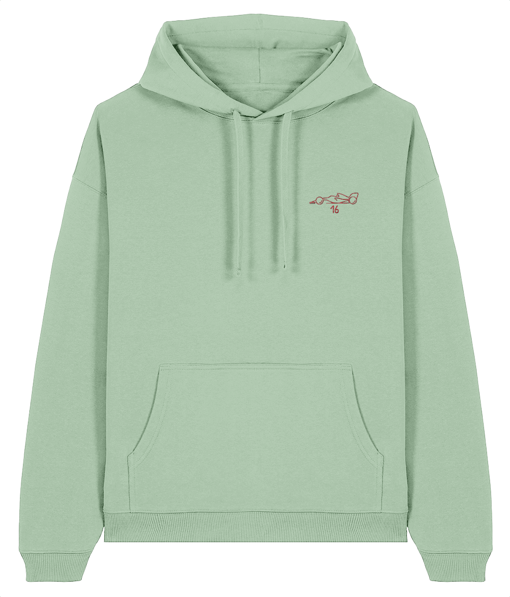 Celebrate a modern F1 hero. This oversized premium hoodie pays tribute to Charles Leclerc, featuring a minimalist embroidered F1 car and his iconic new #16 race number.

Premium Quality &amp; Craftsmanship Made from 100% certified organic cotton (350 gsm), this offers superior comfort and style with oversized fit. The precise embroidery delivers exceptional durability that outlasts typical printed alternatives.