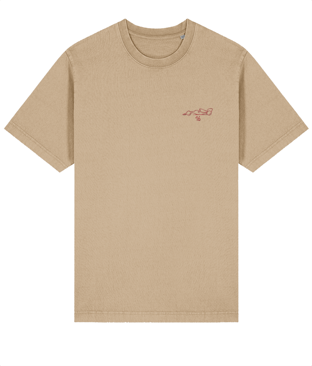 Celebrate a modern F1 hero. This oversized t-shirt pays tribute to Charles Leclerc, featuring a minimalist embroidered F1 car and his iconic #16 race number.

Premium Quality &amp; Craftsmanship Made from 100% certified organic cotton (240 gsm), this offers superior comfort with relaxed fit. The precise center embroidery delivers exceptional durability that outlasts typical printed alternatives.