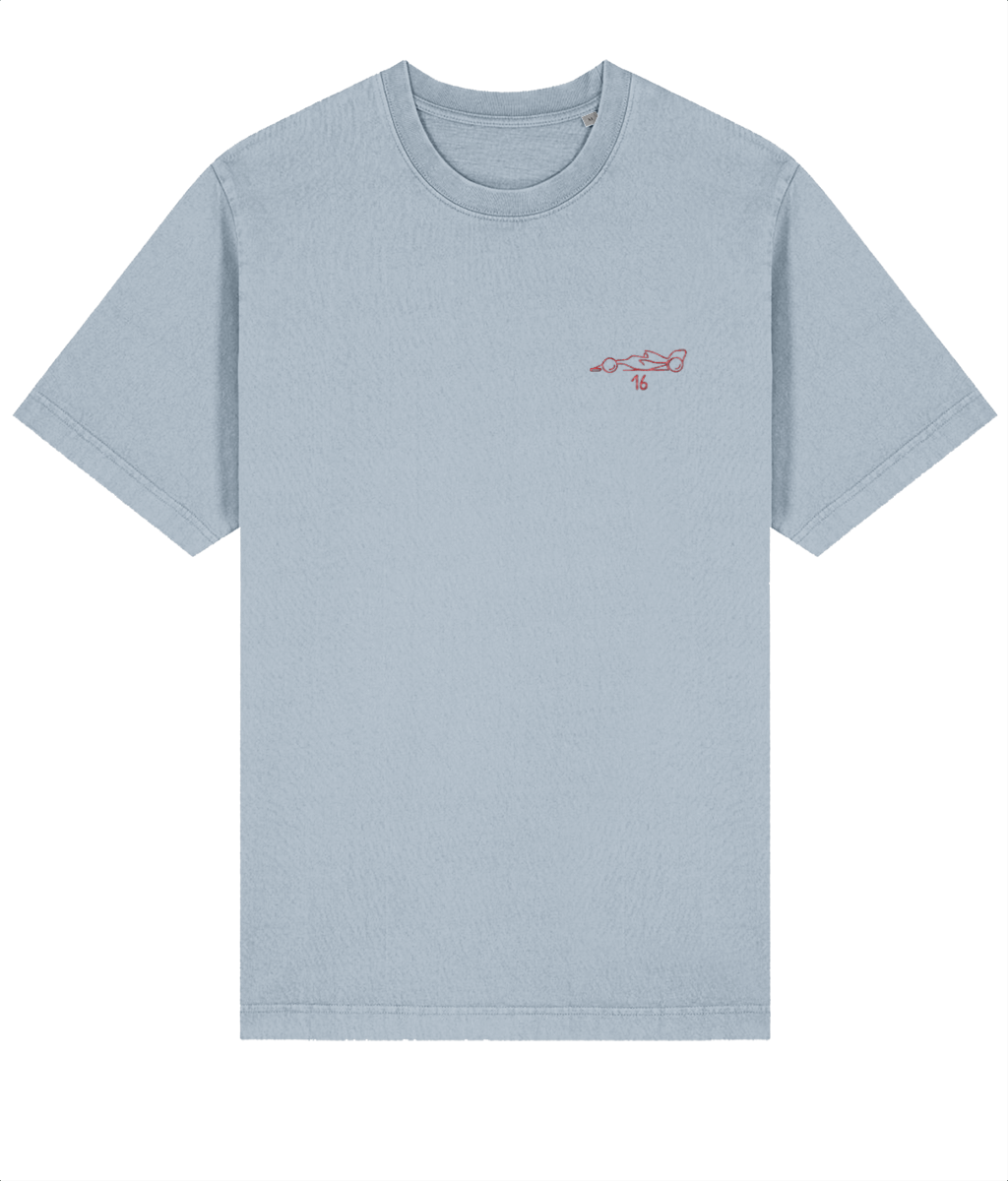 Celebrate a modern F1 hero. This oversized t-shirt pays tribute to Charles Leclerc, featuring a minimalist embroidered F1 car and his iconic #16 race number.

Premium Quality &amp; Craftsmanship Made from 100% certified organic cotton (240 gsm), this offers superior comfort with relaxed fit. The precise center embroidery delivers exceptional durability that outlasts typical printed alternatives.