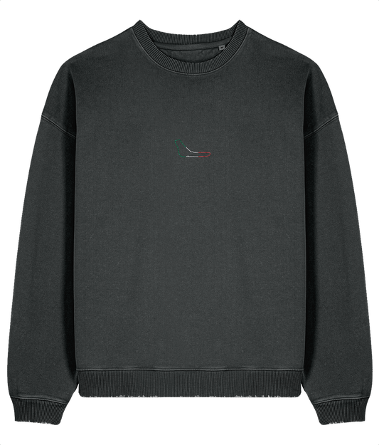 Celebrate Formula 1 heritage with this oversized organic cotton sweatshirt featuring a minimalist embroidered Monza circuit outline. Crafted for motorsport enthusiasts who value quality and timeless design.

Premium Quality &amp; Craftsmanship Made from 100% certified organic cotton (380 gsm), this offers superior comfort and style with oversized fit. The precise embroidery delivers exceptional durability that outlasts typical printed alternatives.