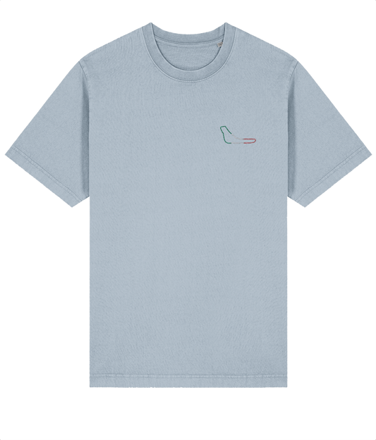 Celebrate Formula 1 heritage with this premium organic cotton t-shirt featuring a minimalist embroidered Monza circuit outline. Crafted for motorsport enthusiasts who value quality and timeless design.

Premium Quality &amp; Craftsmanship Made from 100% certified organic cotton (240 gsm), this offers superior comfort with relaxed fit. The precise center embroidery delivers exceptional durability that outlasts typical printed alternatives.