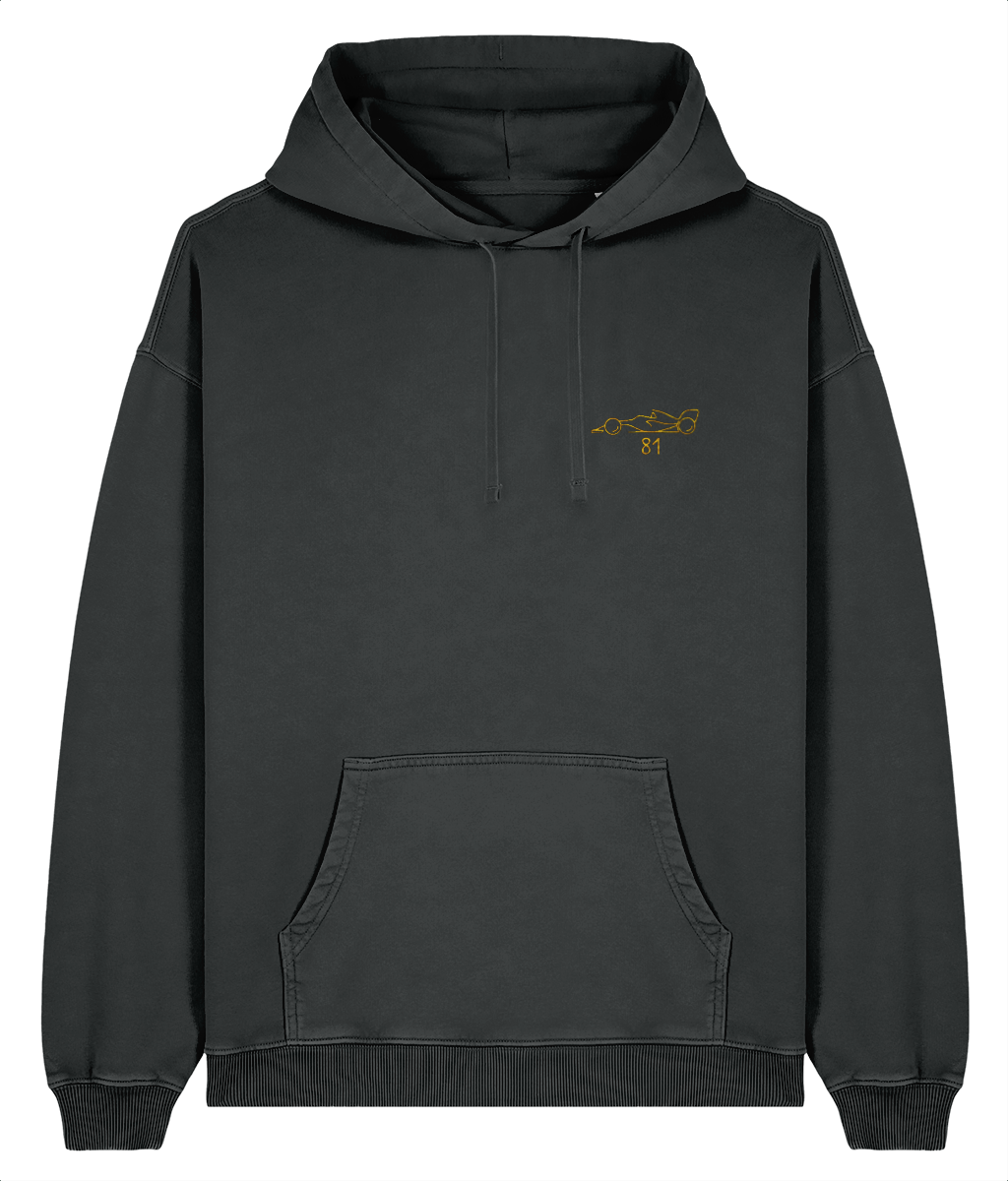 Celebrate a modern F1 hero. This oversized premium hoodie pays tribute to Oscar Piastri, featuring a minimalist embroidered F1 car and his iconic #81&nbsp;race number.

Premium Quality &amp; Craftsmanship Made from 100% certified organic cotton (380 gsm), this offers superior comfort and style with oversized fit. The precise embroidery delivers exceptional durability that outlasts typical printed alternatives.